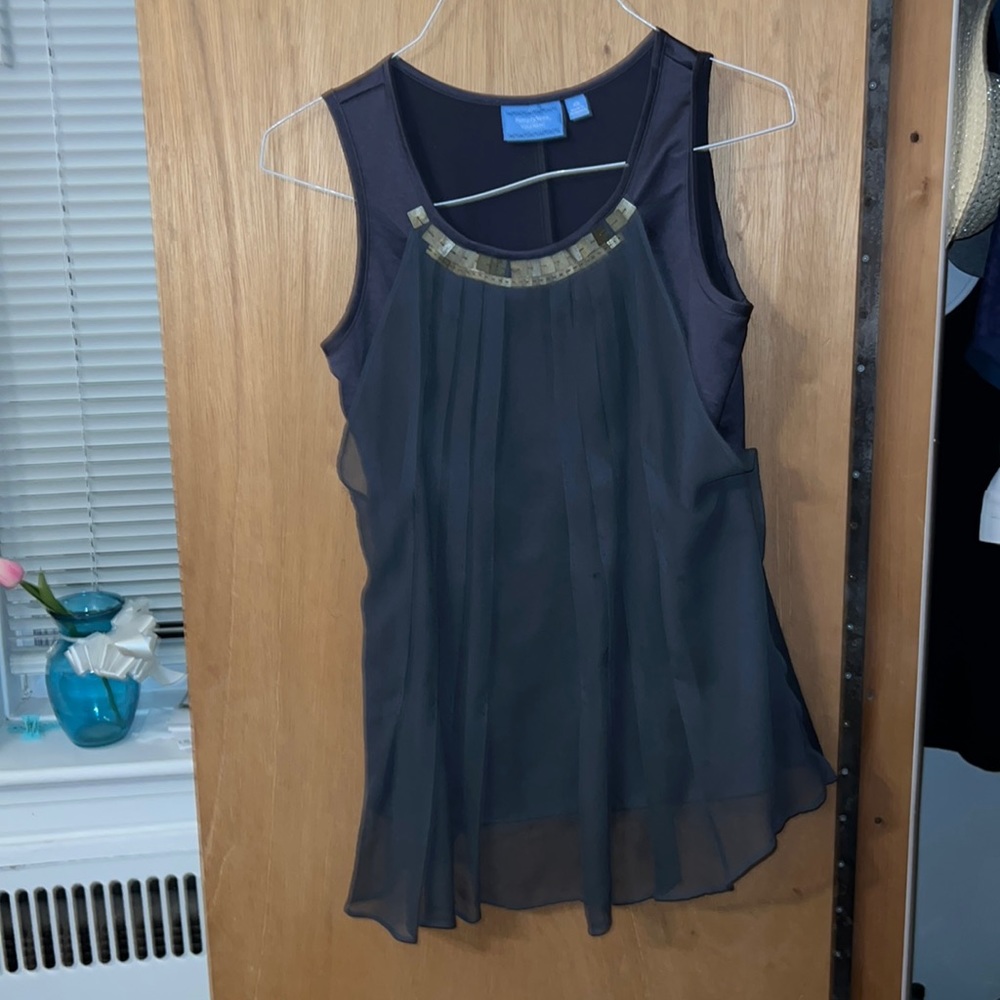 SIMPLE VERA VERA WANG Charcoal Sequin Layered Sleeveless Pleated Blouse s.XS